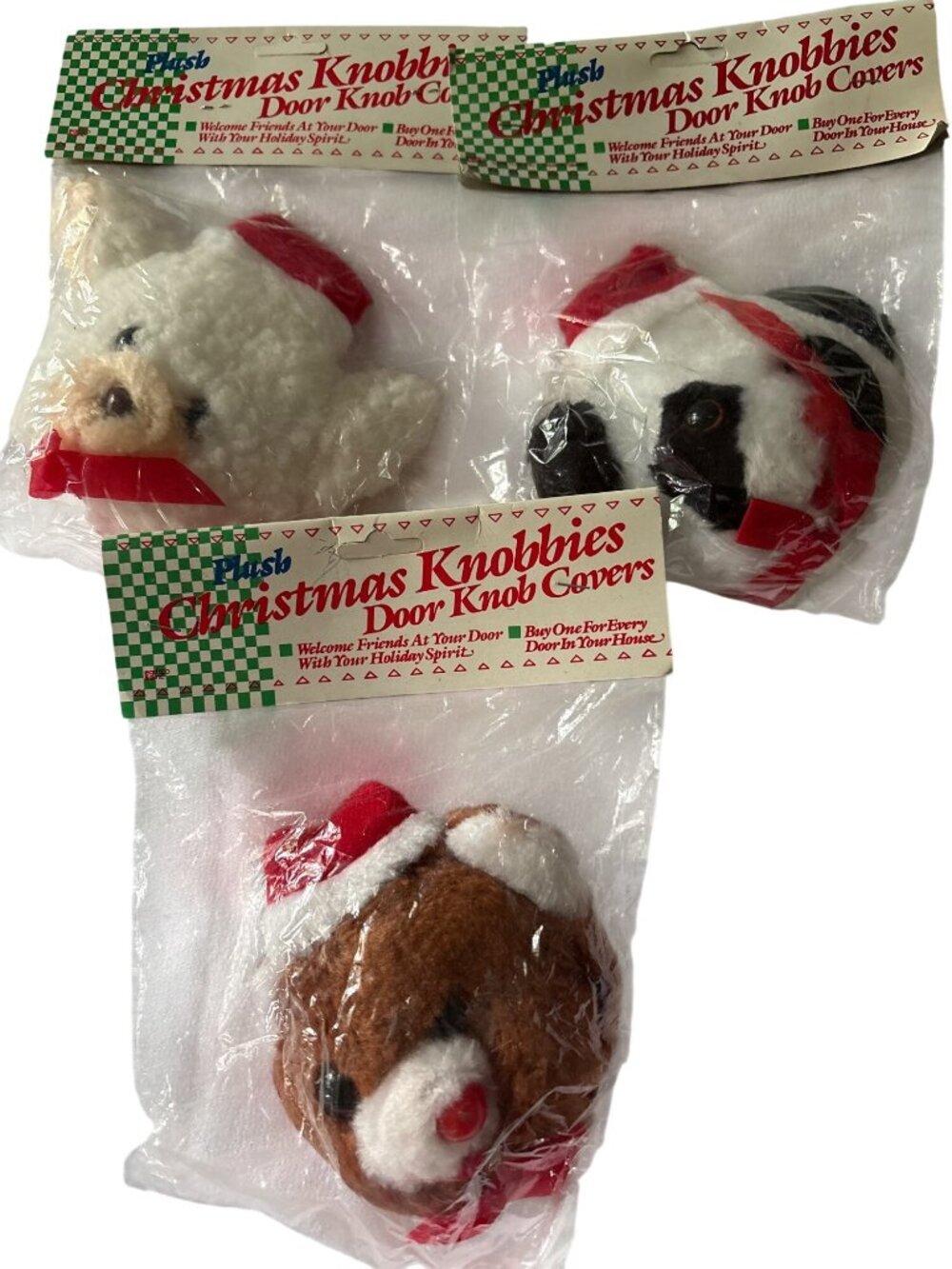 Plush Christmas Door Knob Covers Vintage Holiday Decor Set Of 3 Knobbies